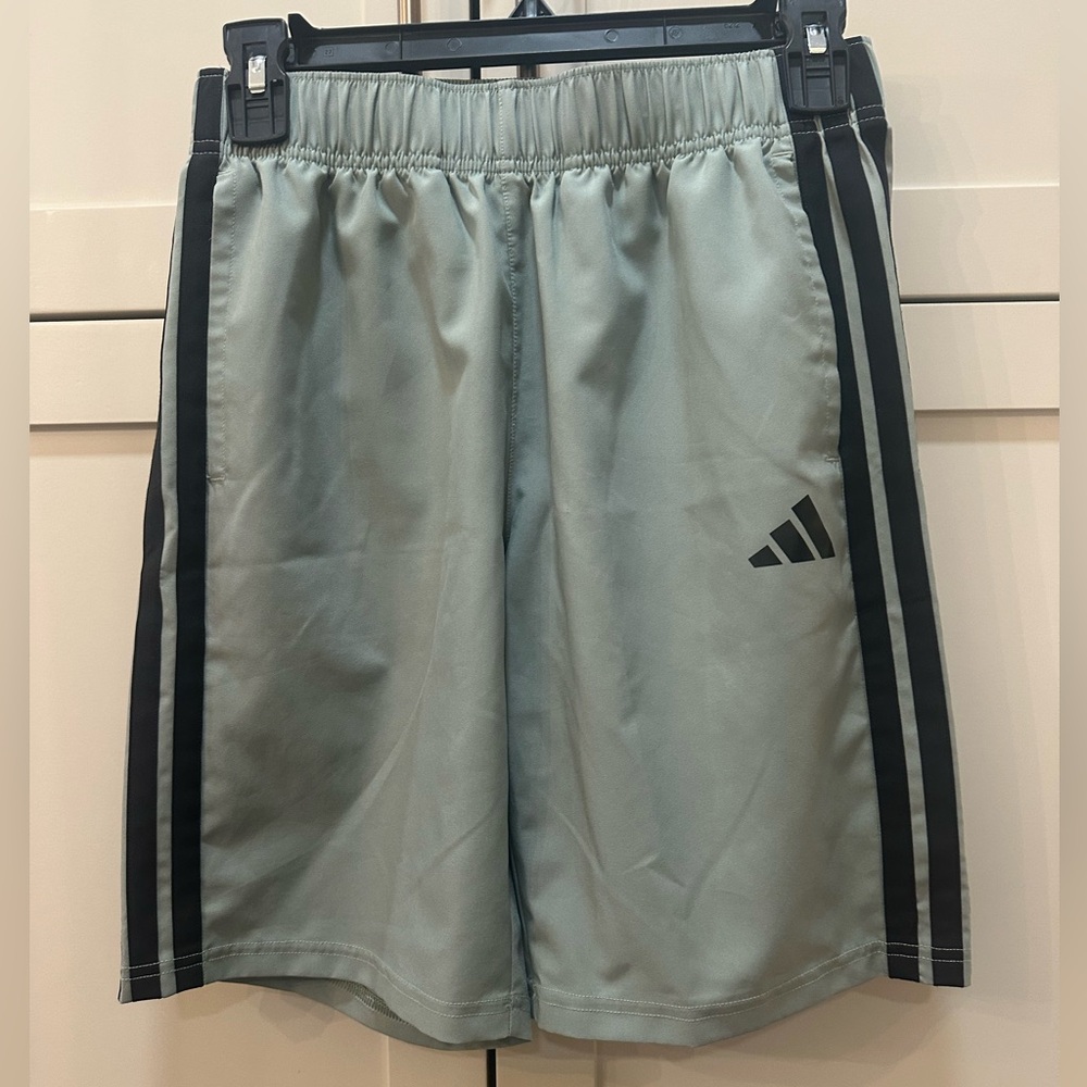 Adidas boys green Athletic Shorts with Black Stripes- L 14/16